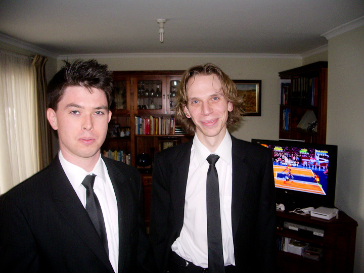 Best Man Tim and Sam before we left for the church. In the background: NBA Jam, which was the pre-wedding theme.